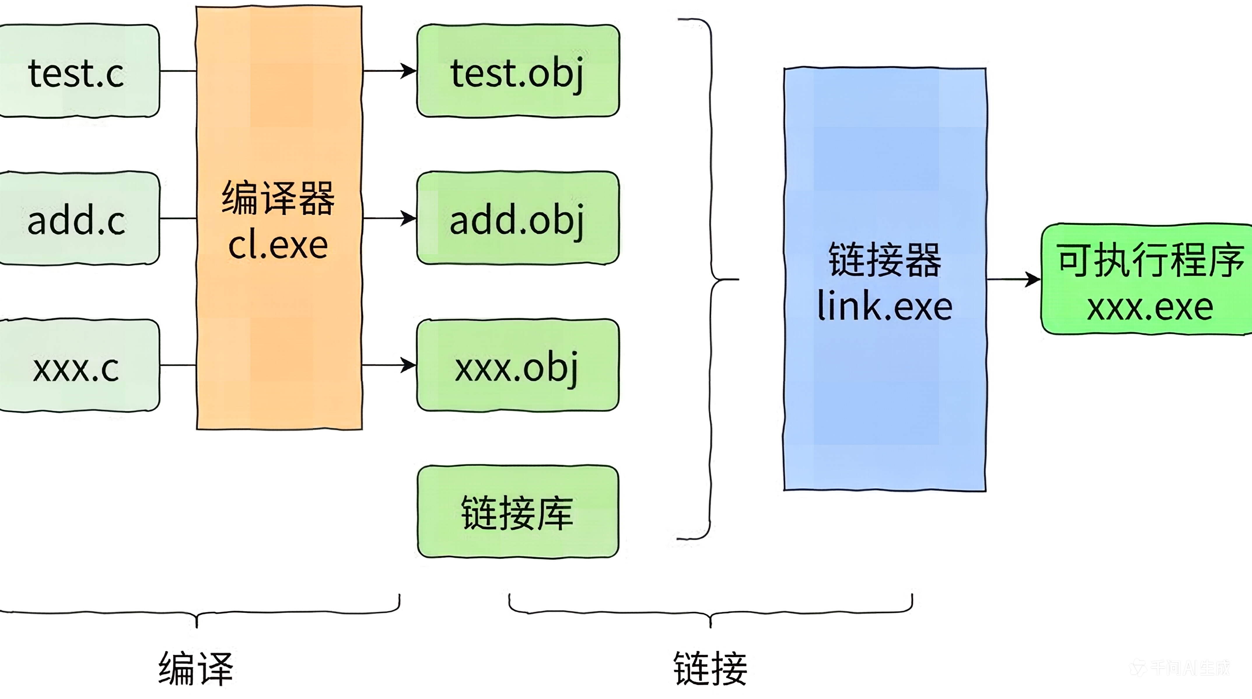 编译和链接流程图：源文件到目标文件再到可执行程序